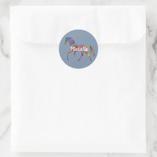 Rainbow horse in faded denim - personalised classic round sticker