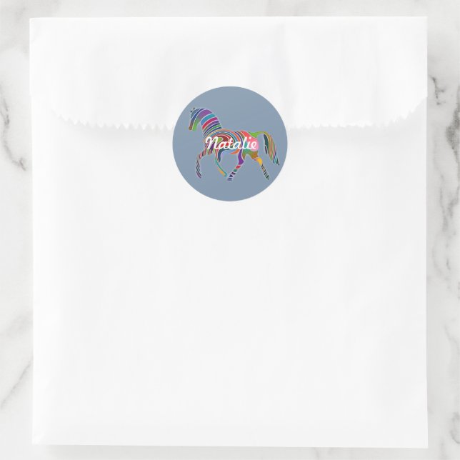 Rainbow horse in faded denim  - personalised classic round sticker (Bag)