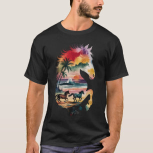 Rainbow Horse Silhouette Tropical Sunset Beach T-Shirt