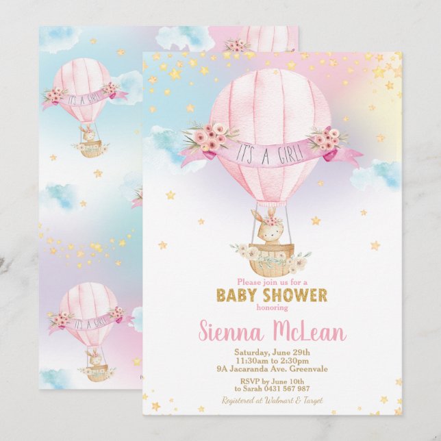 Rainbow Hot Air Balloon Baby Shower Bunny Girl Invitation (Front/Back)