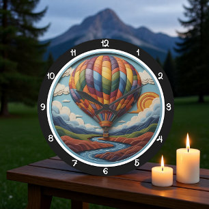 Rainbow Hot Air Balloon Over River Large Clock