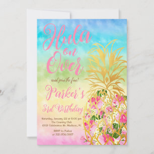 Rainbow Hula on over, Luau, Pineapple Birthday Invitation