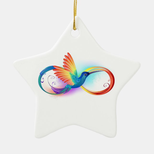 Rainbow Hummingbird with Infinity symbol Ceramic Tree Decoration (Front)