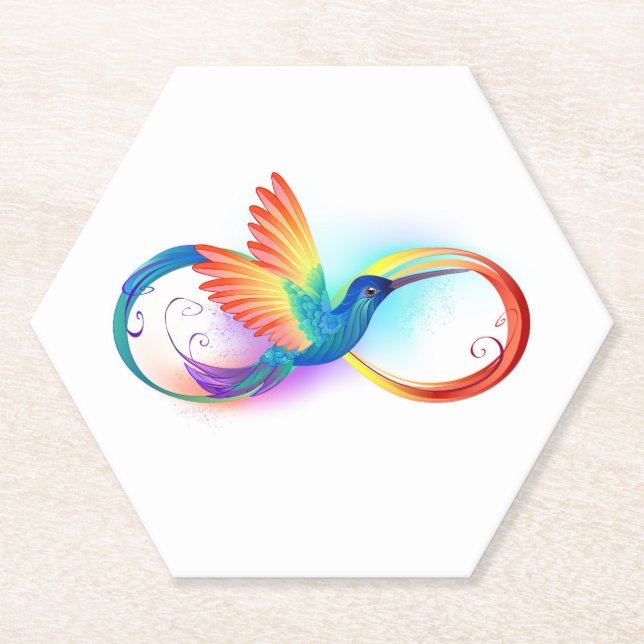 Rainbow Hummingbird with Infinity symbol Paper Coaster (Front)