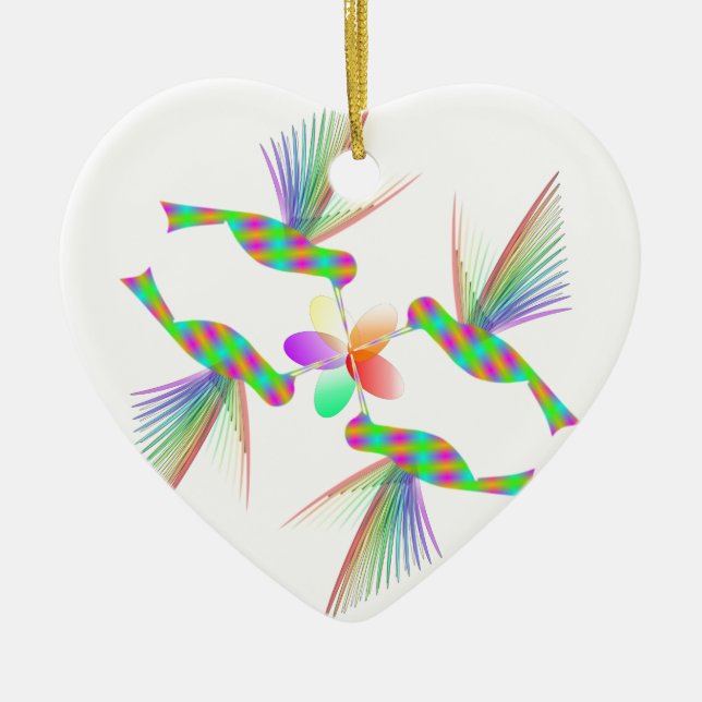 Rainbow Hummingbirds Kissing A Flower Ceramic Tree Decoration (Front)