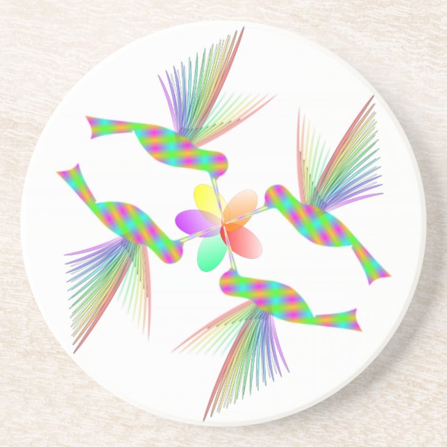 Rainbow Hummingbirds Kissing A Flower Coaster (Front)