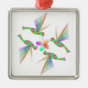 Rainbow Hummingbirds Kissing A Flower Metal Tree Decoration