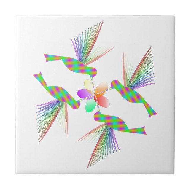 Rainbow Hummingbirds Kissing A Flower Tile (Front)