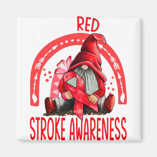 Rainbow I Wear Red Stroke Awareness Gnomes Magnet (Front)