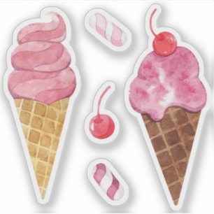 Rainbow ice cream cones watercolor cherry