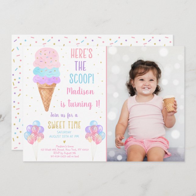 Rainbow Ice Cream Here's The Scoop Birthday Invitation (Front/Back)