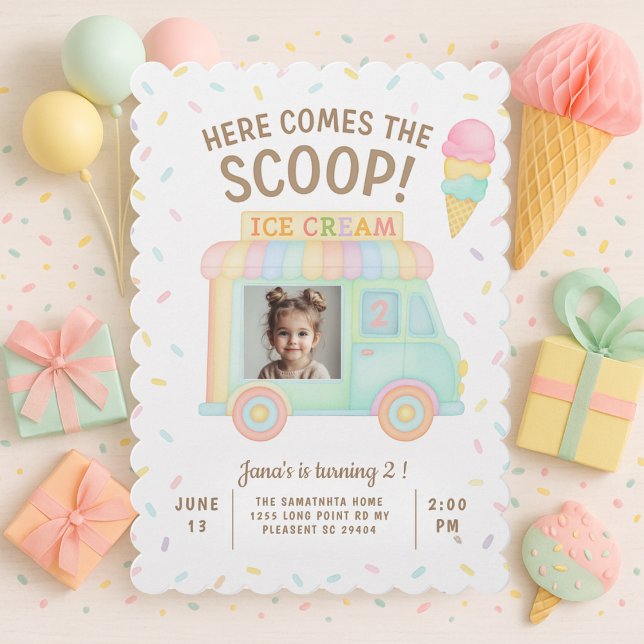Rainbow Ice Cream Truck Photo Birthday  Invitation (Creator Uploaded)