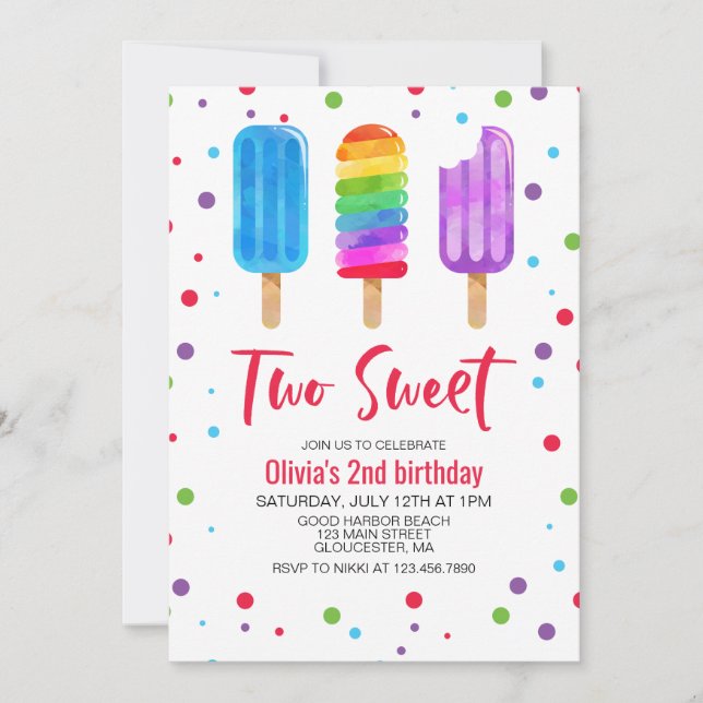 Rainbow Ice Pops Two Sweet 2nd Birthday Invitation (Front)