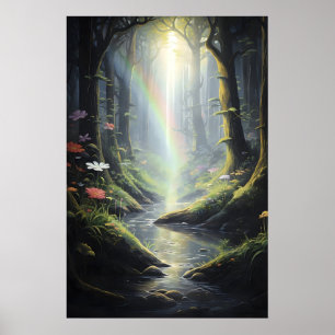 Rainbow In Magical Forest, Dark Green Forest With Poster