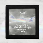 Rainbow in Stormy Sky Quote with Name wooden Gift Box<br><div class="desc">"The wound is the place where the light enters you", the thought provoking quote of Rumi, a 13th century Persian poet, is highlighted against a grey stormy sky in this beautiful wooden keepsake gift box. A promising rainbow shines through a break in the grey storm clouds in a naturally beautiful...</div>