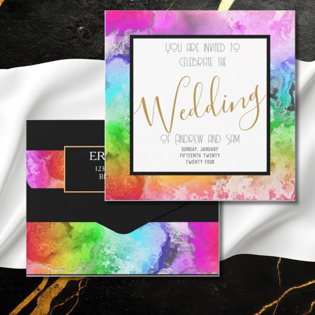 Rainbow Ink Black Minimalist Elegant Script  All In One Invitation (Creator Uploaded)