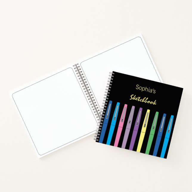 Rainbow Ink Pens Kid Black Sketchbook with Name Notebook (Inside)