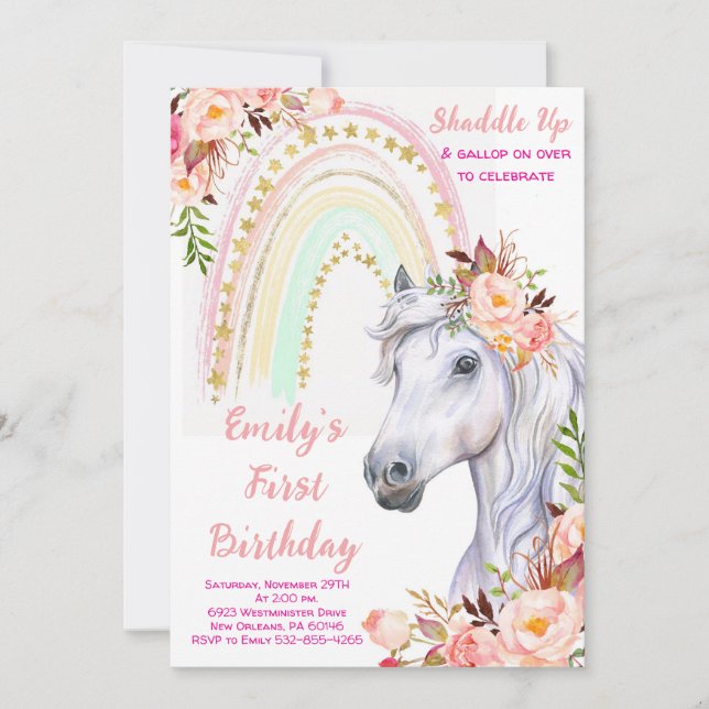 Rainbow Invitation, Horse Birthday Party Invitation (Front)