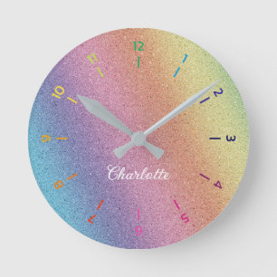 Rainbow Iridescent Glitter Personalised Children Round Clock