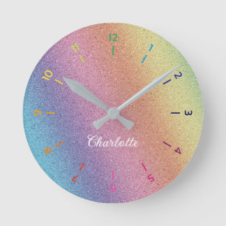 Rainbow Iridescent Glitter Personalised Children Round Clock