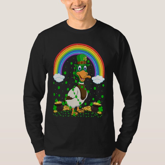 Rainbow Irish Shamrock Duck Bird St Patrick's Day T-Shirt (Front)
