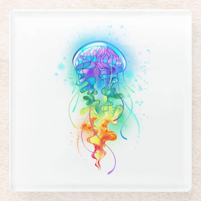 Rainbow jellyfish glass coaster (Front)