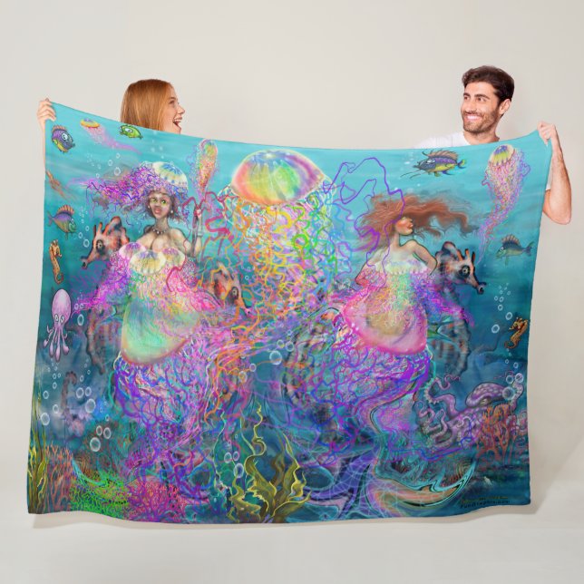 Rainbow Jellyfish Mermaid Dresses Fleece Blanket (In Situ)