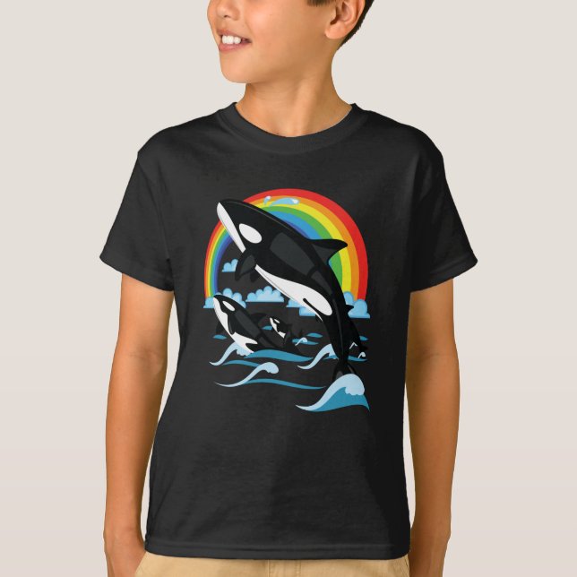 Rainbow & Jumping Orca Killer Whale T-Shirt (Front)