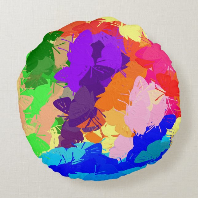 Rainbow Kaleidoscope Butterflies Round Cushion (Back)