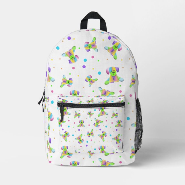rainbow kids dog puppy polka dot bright fun colour printed backpack (Front)