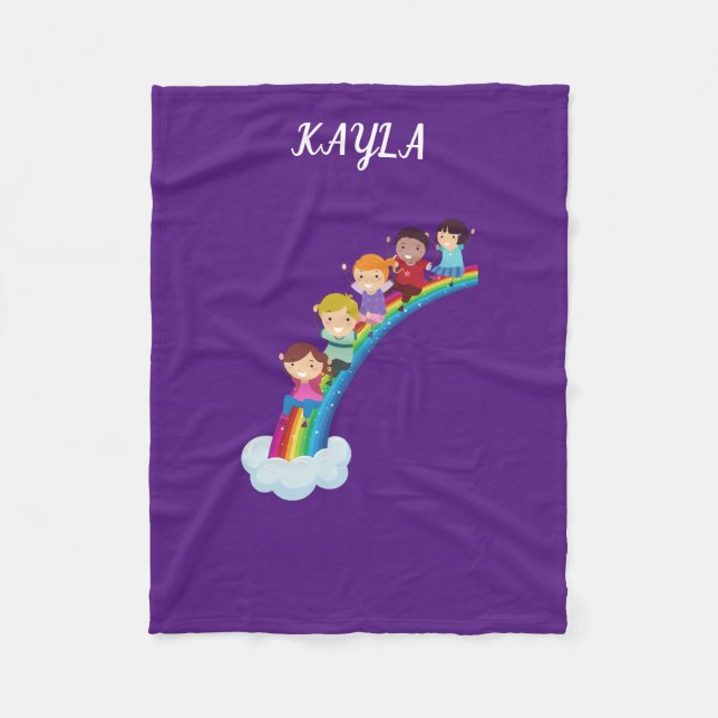 Rainbow kids fleece blanket personalised. (Front)