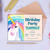 Rainbow Kids Unicorn 1st Birthday Party Invitation