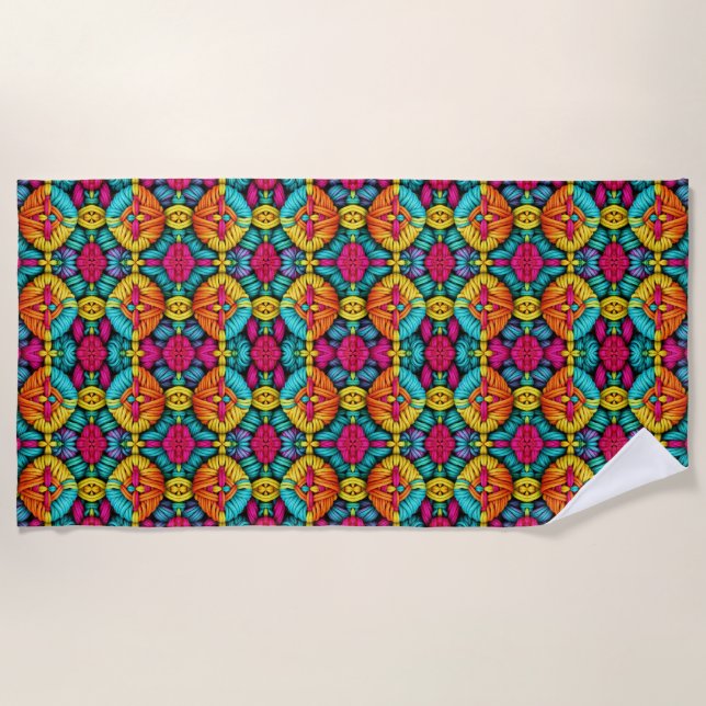 Rainbow Knitted Bloom Pattern Beach Towel (Front)