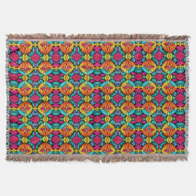 Rainbow Knitted Bloom Pattern Throw Blanket (Front)