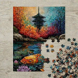 Rainbow Koi Fish Japanese Pagoda Garden Jigsaw Puzzle