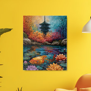 Rainbow Koi Fish Japanese Pagoda Garden Poster