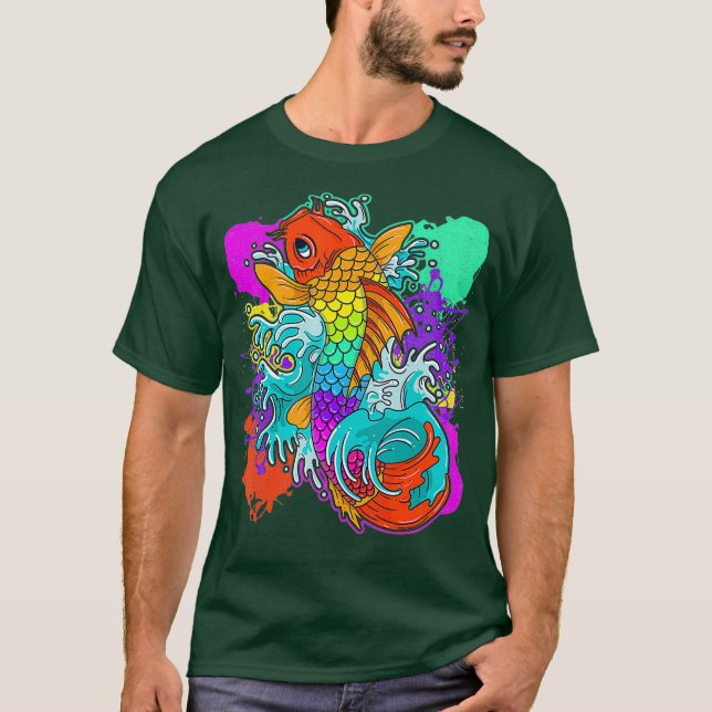 Rainbow Koi Fish Painting Colorful Japanese T-Shirt (Front)