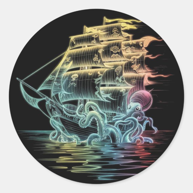Rainbow Kraken Pirate Ship – Colourful Nautical Ar Classic Round Sticker (Front)