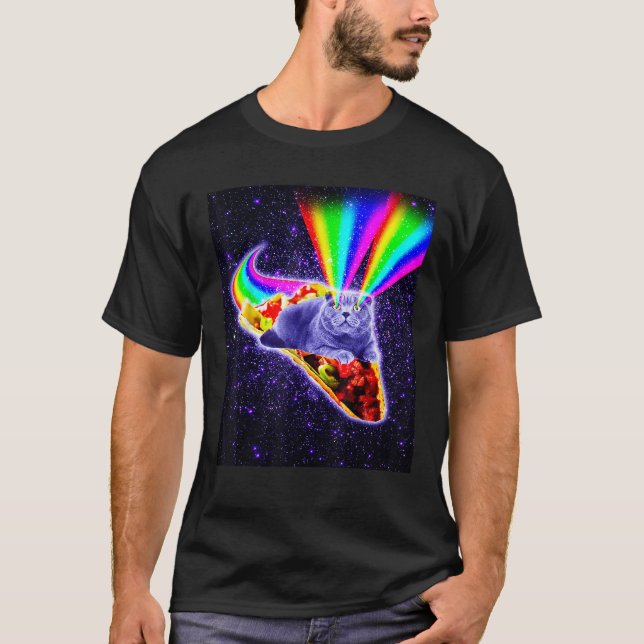 Rainbow Laser Eyes Galaxy Cat Riding Taco T Shirt (Front)
