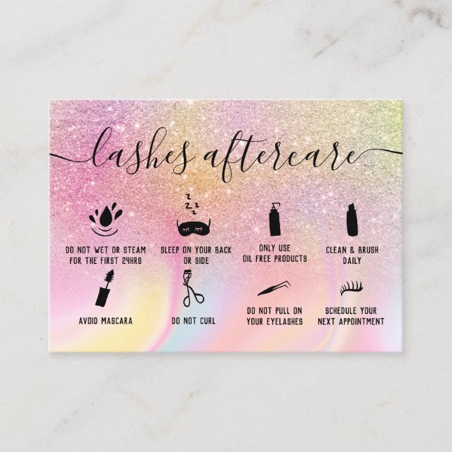 Rainbow lashes aftercare glitter ombre marble business card (Front)