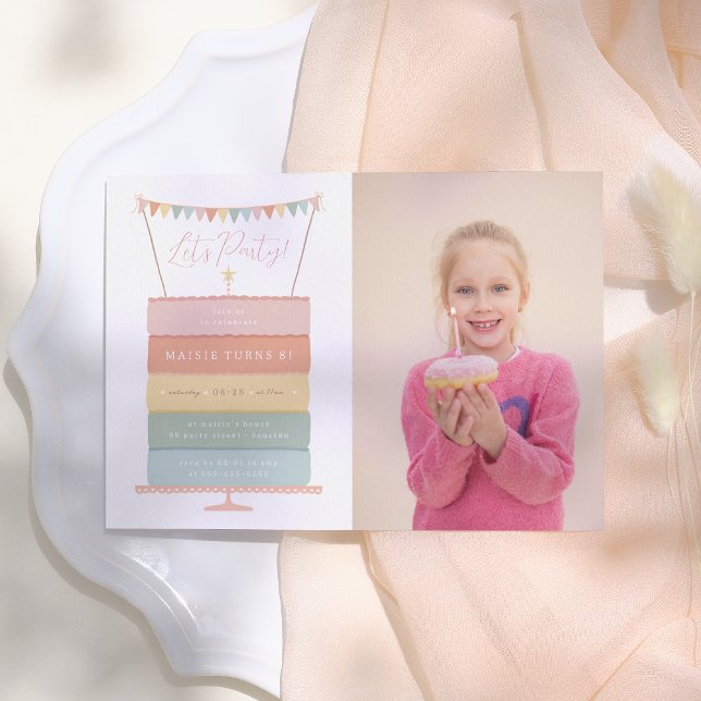 Rainbow Layer Cake Girl Photo Birthday Party Invitation (Creator Uploaded)