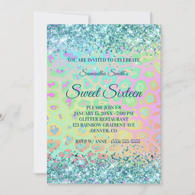 Rainbow Leopard Faux Teal Glitter Sweet 16 Invitation (Front)