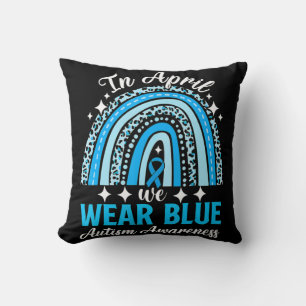 Rainbow Leopard In April We Wear Blue Autism Aware Cushion