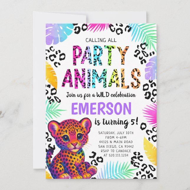 Rainbow Leopard Party Animals Birthday Invitation (Front)