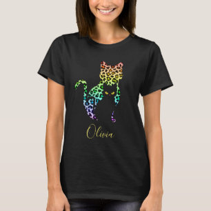 Rainbow Leopard Print Cat Silhouette & Black Kitty T-Shirt