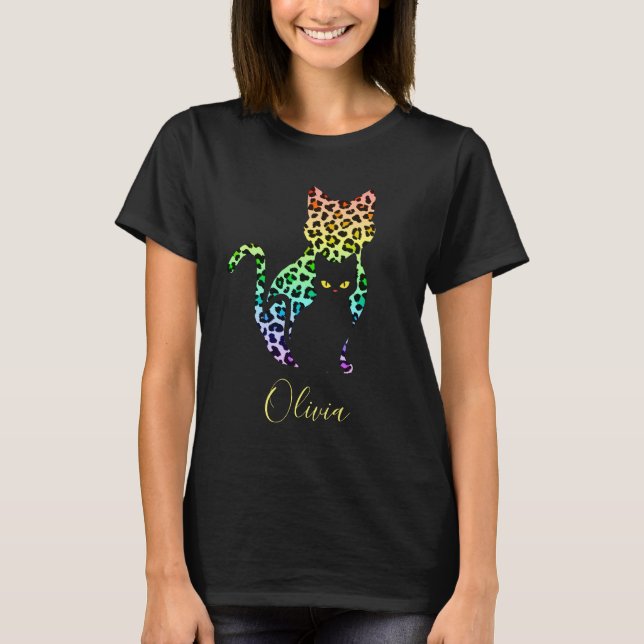 Rainbow Leopard Print Cat Silhouette & Black Kitty T-Shirt (Front)