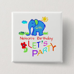 Rainbow Let's Party Elephant Name & Age Birthday 15 Cm Square Badge