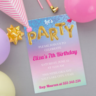 Rainbow Let's Party Fun Gold Balloon Invitation
