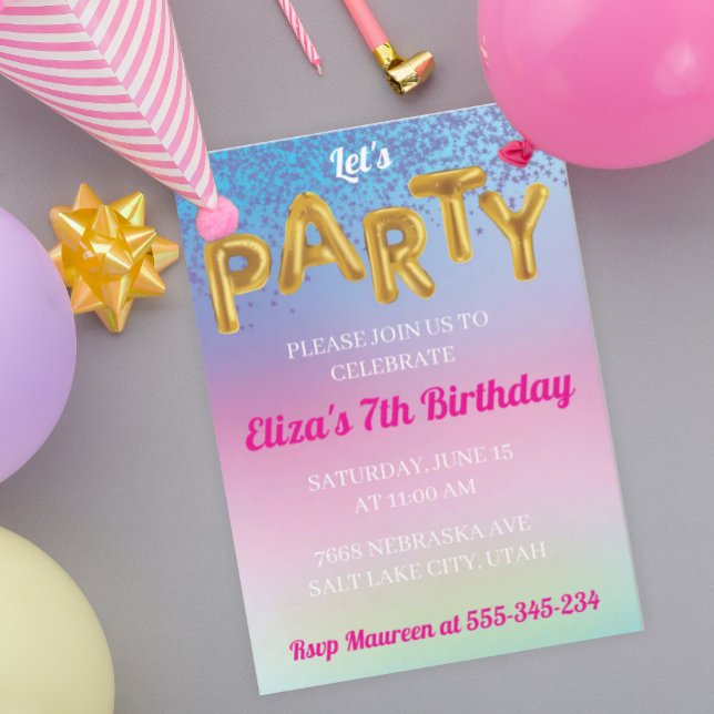 Rainbow Let's Party Fun Gold Balloon Invitation (Creator Uploaded)