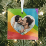 Rainbow LGBT Couple Photo Romantic Heart Christmas Glass Tree Decoration<br><div class="desc">Cute custom gay pride couple Christmas ornament gift for happily married men. Add your own romantic photograph inside the pretty LGBT heart for a personalised present of love.</div>